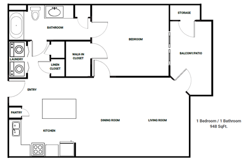 Floor plan for 1 bed, 1 bath, 948 sqft